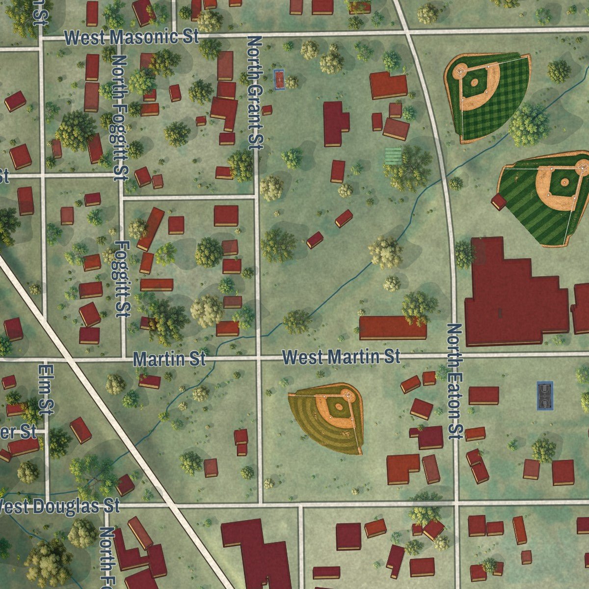 Close-up of the map of Edinburg, Illinois print showing street and building detail
