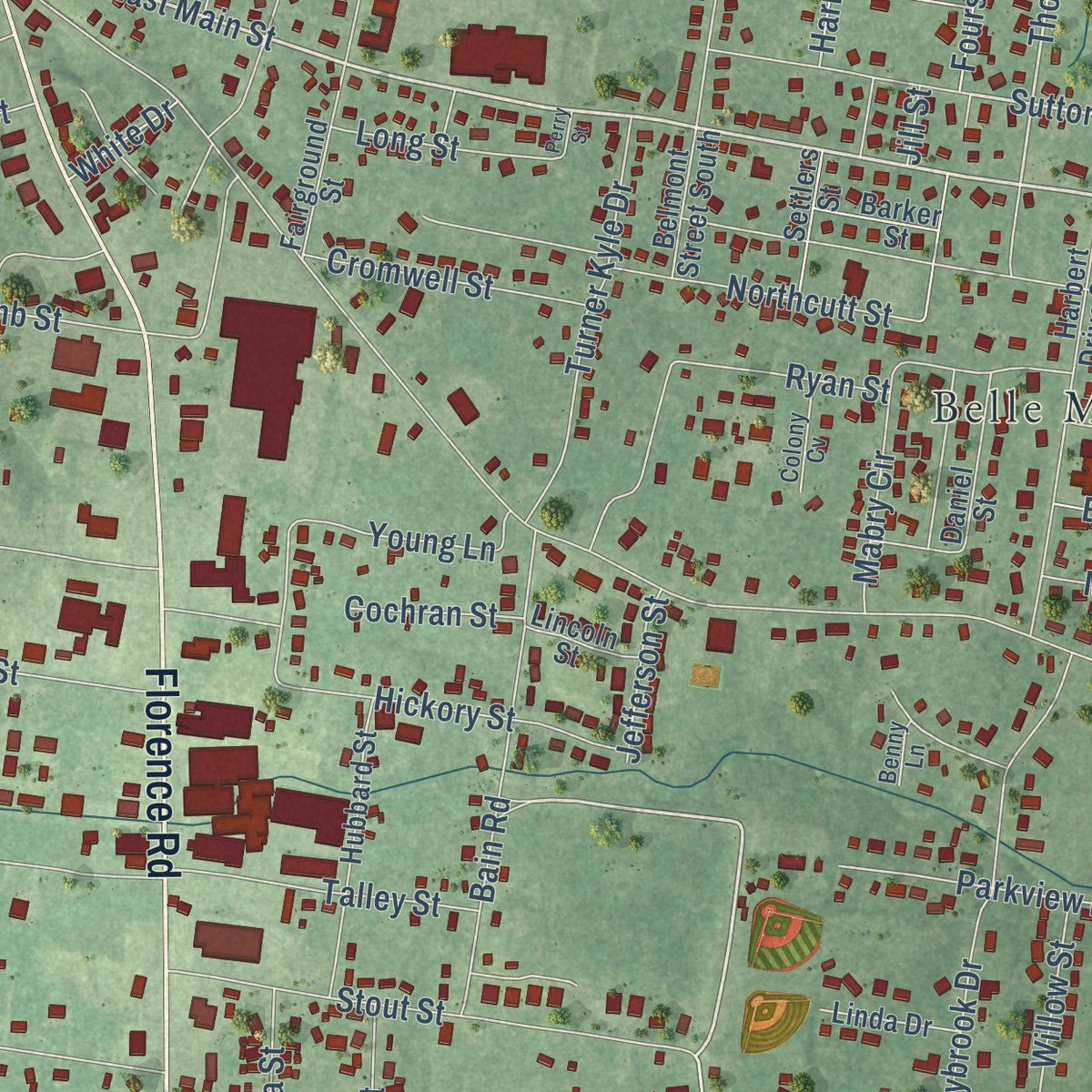 Close-up of the map of Savannah, Tennessee print showing street and building detail