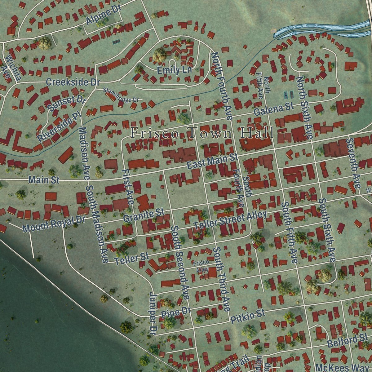Close-up of the map of Frisco, Colorado print showing street and building detail