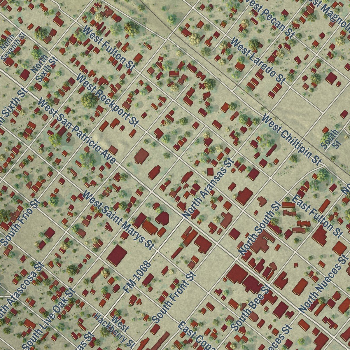 Close-up of the map of Mathis, Texas print showing street and building detail