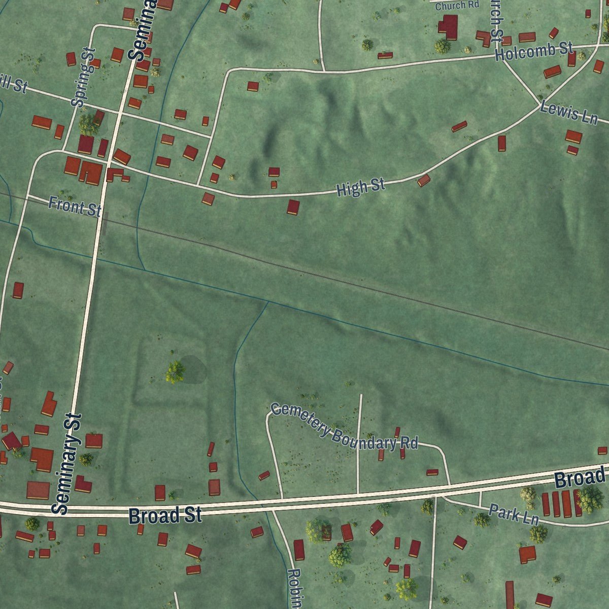 Close-up of the map of Hollow Rock, Tennessee print showing street and building detail