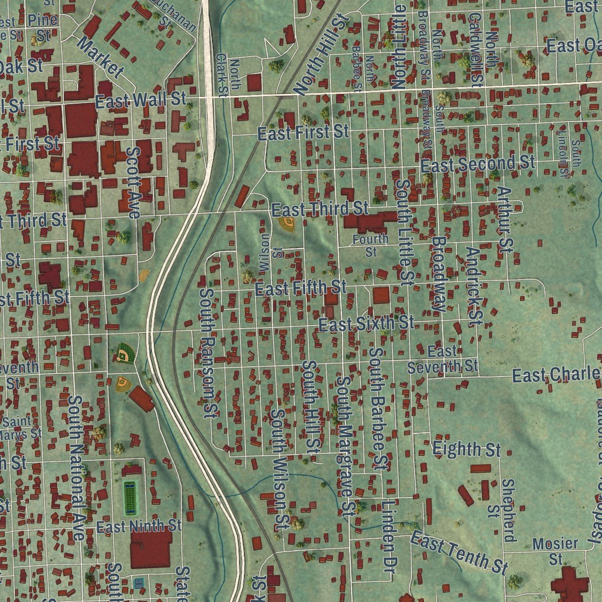 Close-up of the map of Fort Scott, Kansas print showing street and building detail
