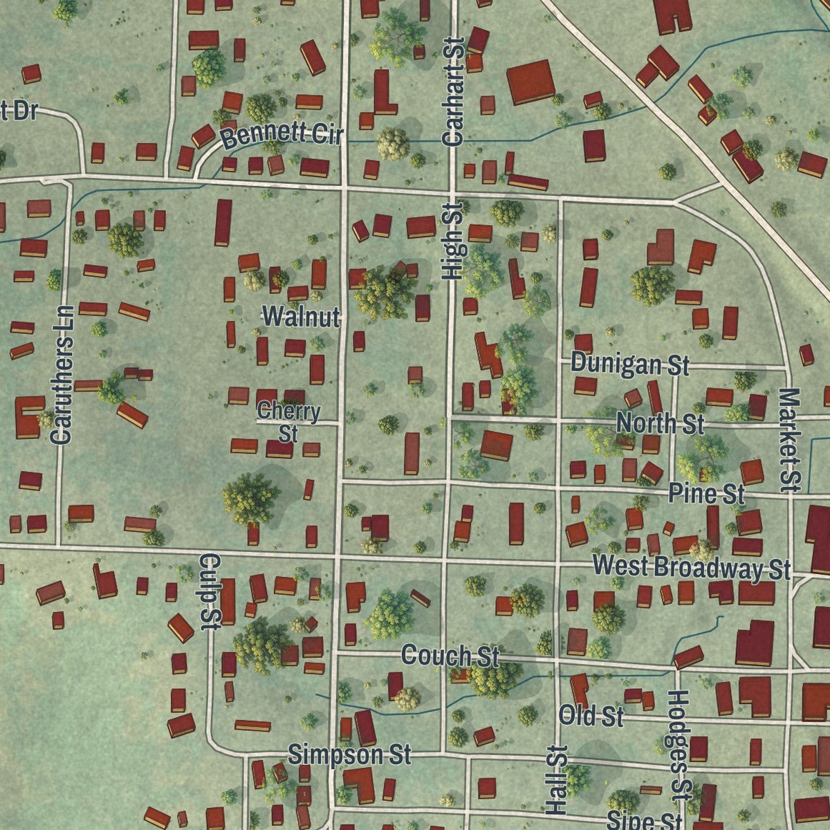 Close-up of the map of Alton, Missouri print showing street and building detail