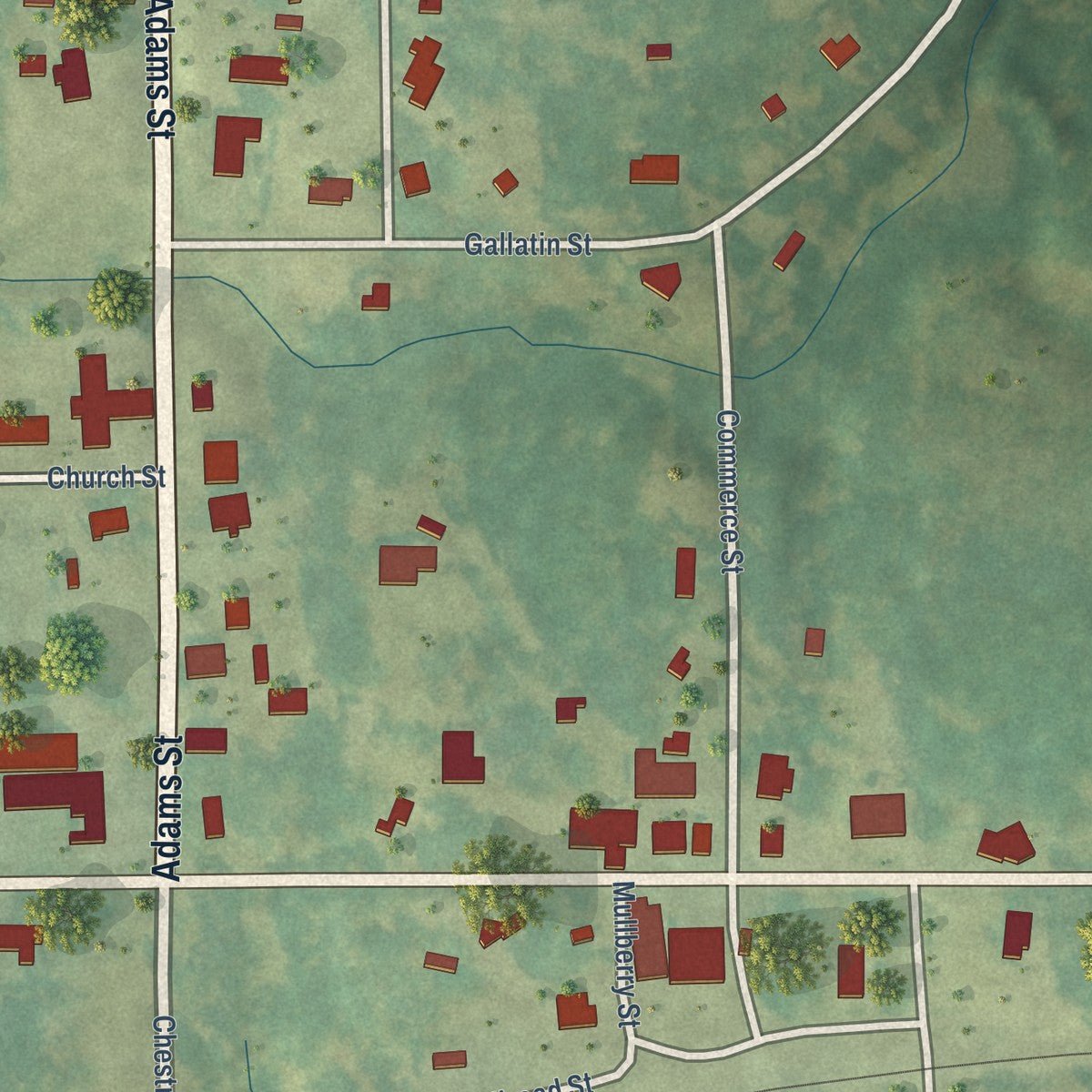 Close-up of the map of Chunky, Mississippi print showing street and building detail