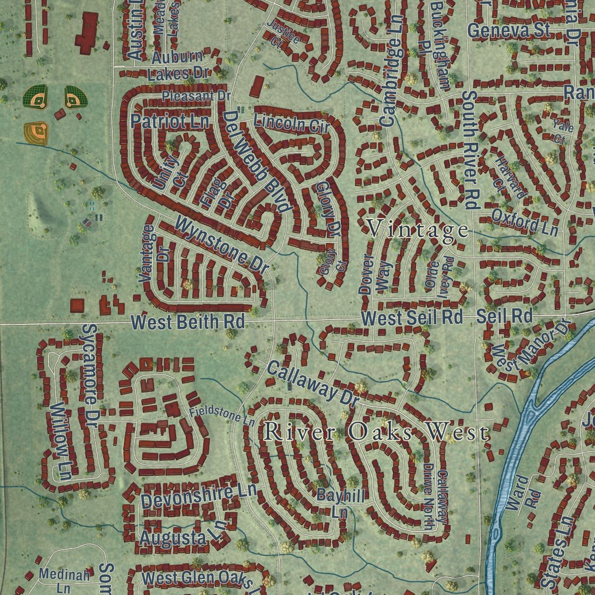 Close-up of the map of Shorewood, Illinois print showing street and building detail