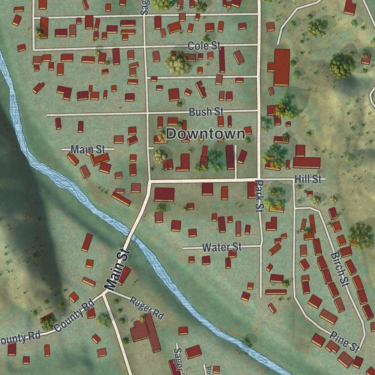 Close-up of the map of Hulett, Wyoming print showing street and building detail