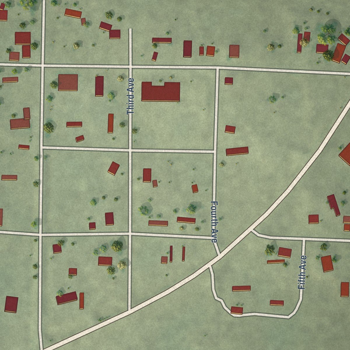 Close-up of the map of Interior, South Dakota print showing street and building detail