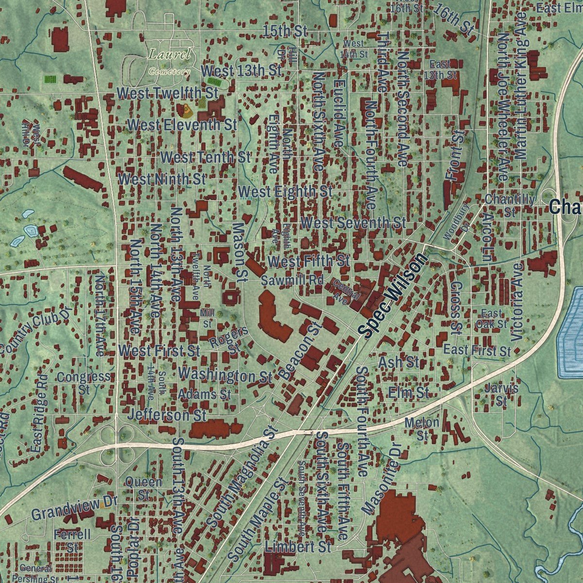 Close-up of the map of Laurel, Mississippi print showing street and building detail