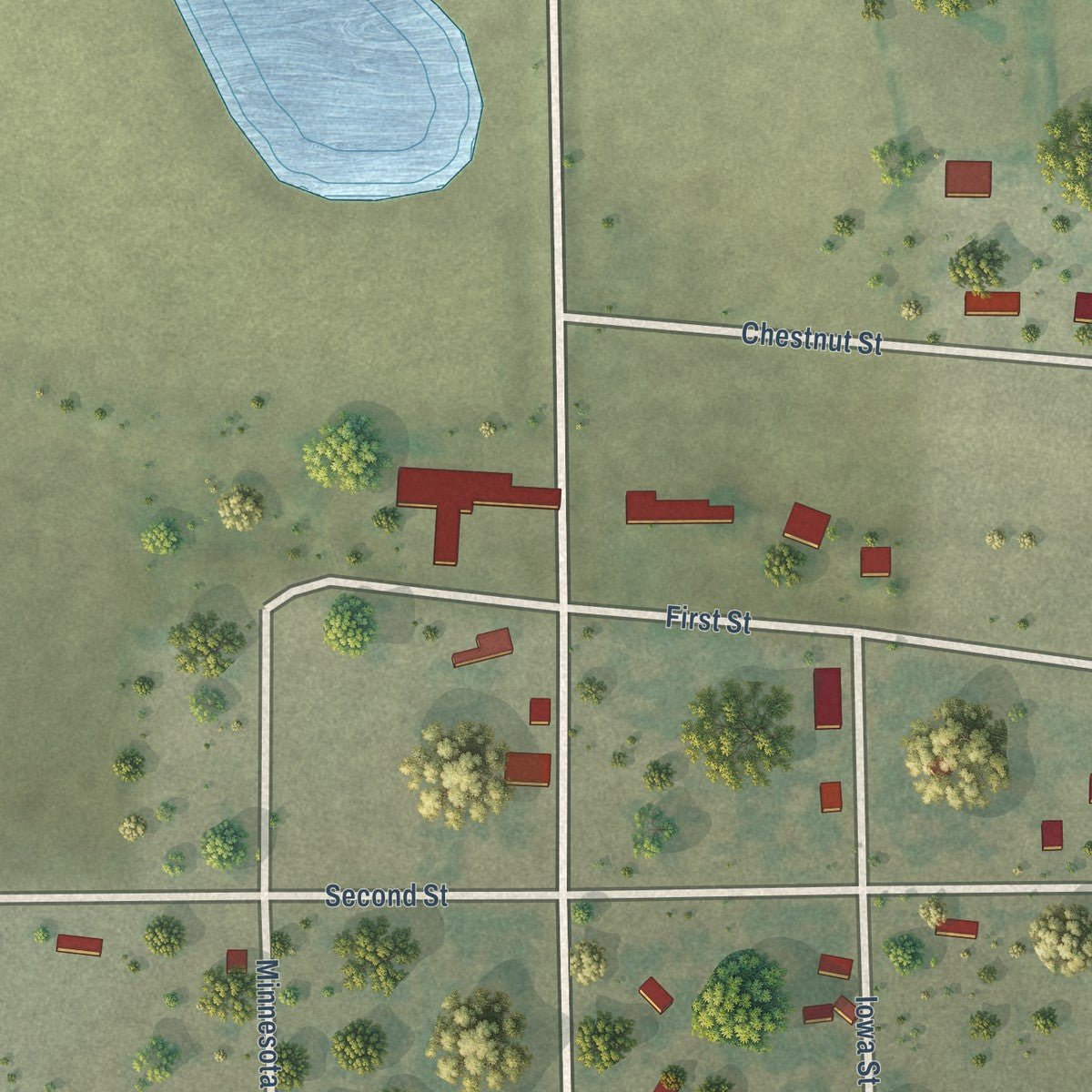 Close-up of the map of Rockham, South Dakota print showing street and building detail