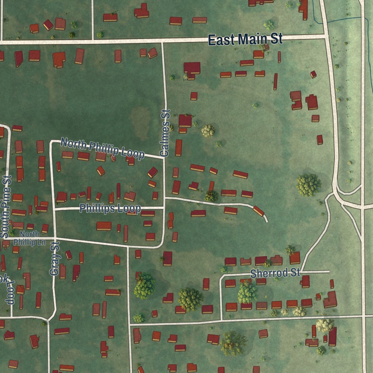 Close-up of the map of Brooksville, Mississippi print showing street and building detail