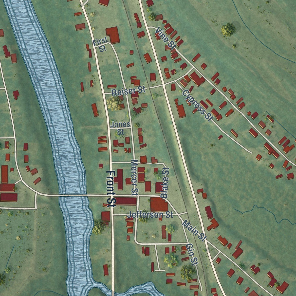 Close-up of the map of Tchula, Mississippi print showing street and building detail