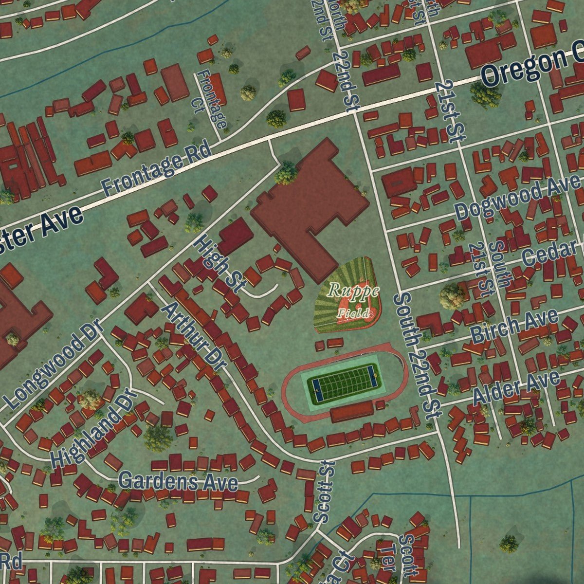 Close-up of the map of Reedsport, Oregon print showing street and building detail