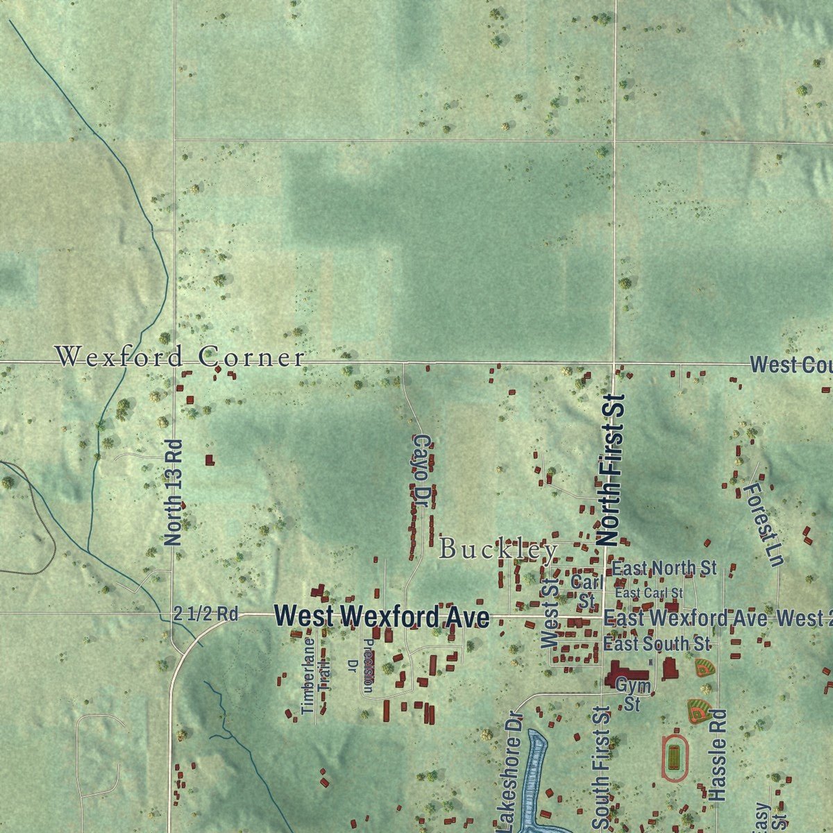 Close-up of the map of Hanover, Wexford County, Michigan print showing street and building detail