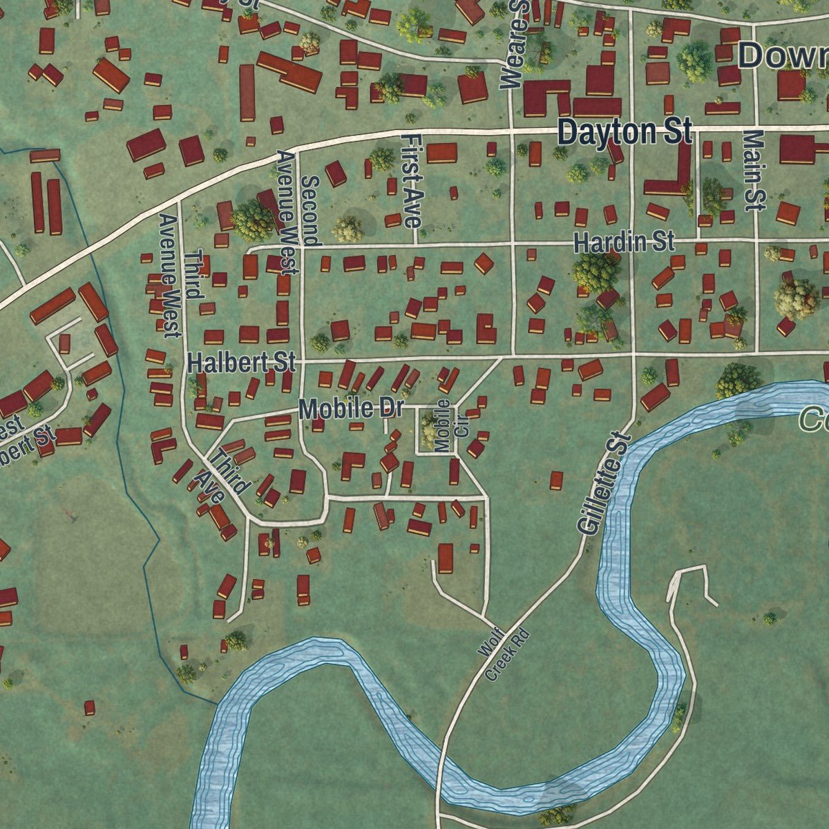 Close-up of the map of Ranchester, Wyoming print showing street and building detail