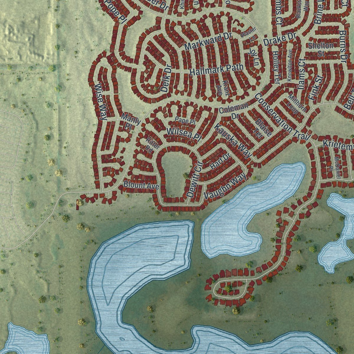 Close-up of the map of Fruitland Park, Florida print showing street and building detail