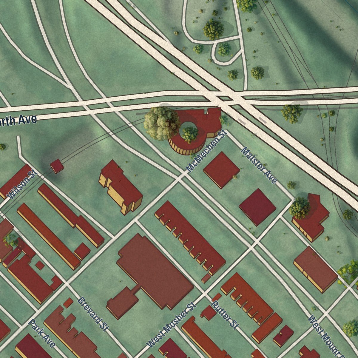 Close-up of the map of Bolton Hill, Maryland print showing street and building detail