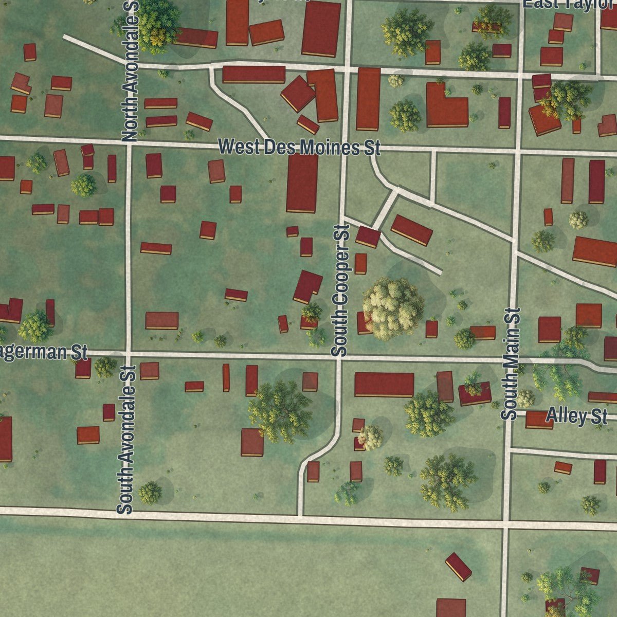 Close-up of the map of Wayland, Missouri print showing street and building detail