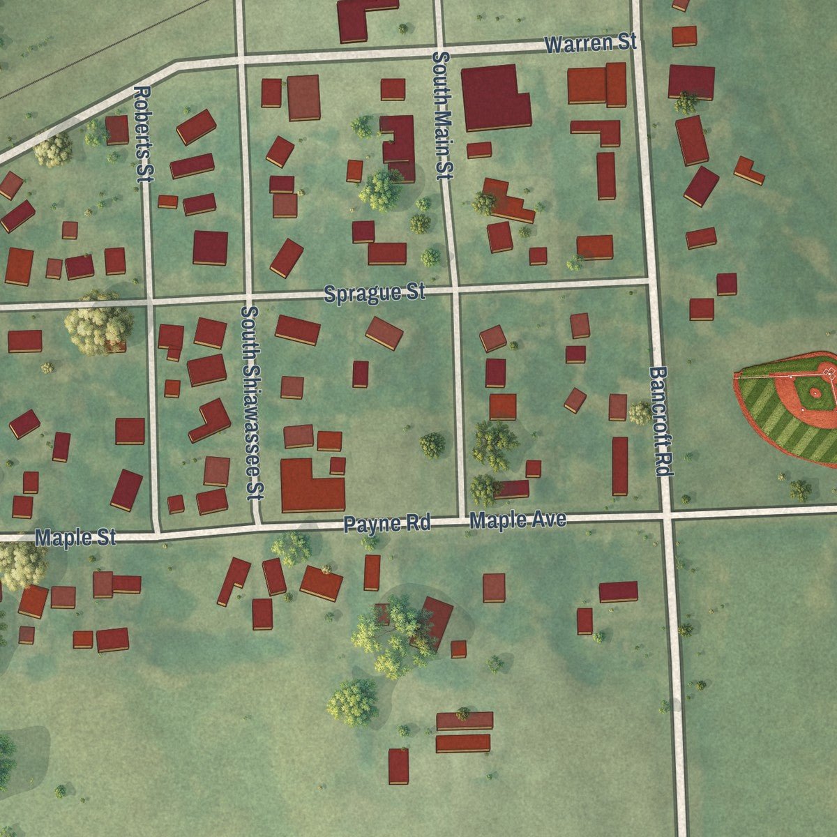 Close-up of the map of Bancroft, Michigan print showing street and building detail
