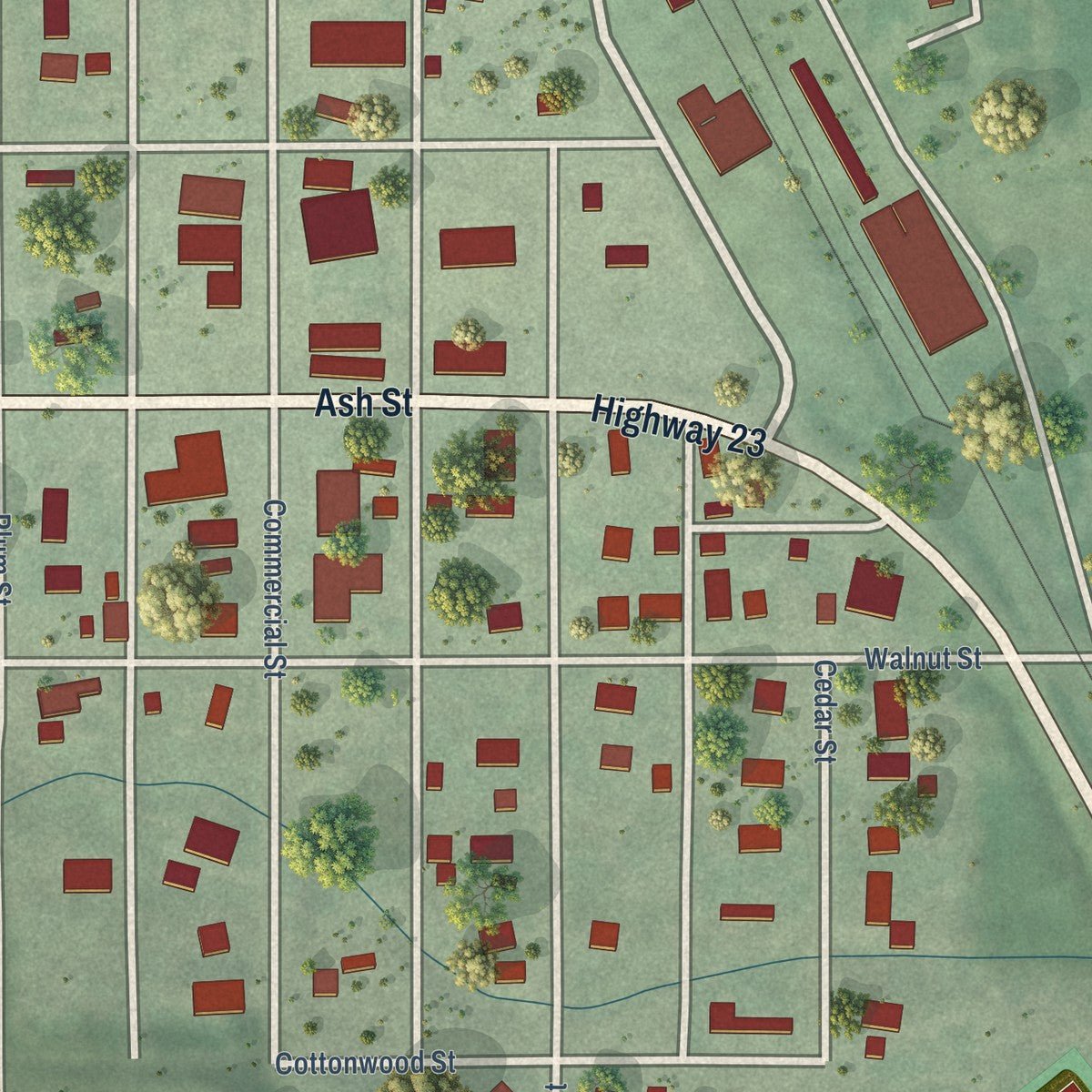 Close-up of the map of Maywood, Nebraska print showing street and building detail