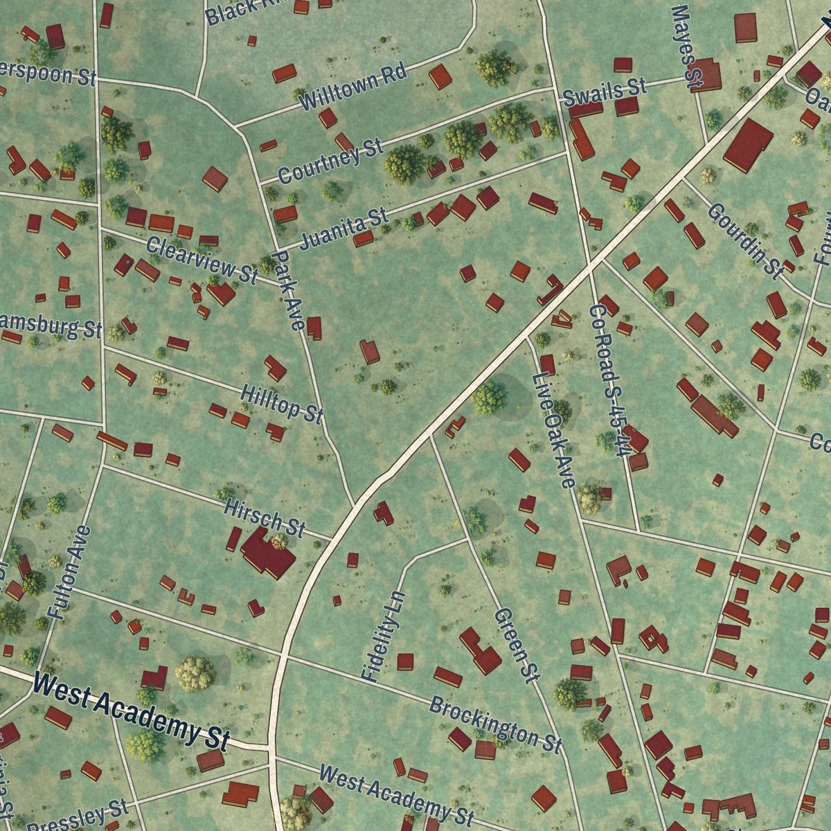 Close-up of the map of Kingstree, South Carolina print showing street and building detail