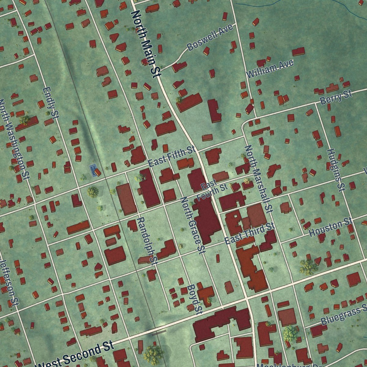 Close-up of the map of Chase City, Virginia print showing street and building detail