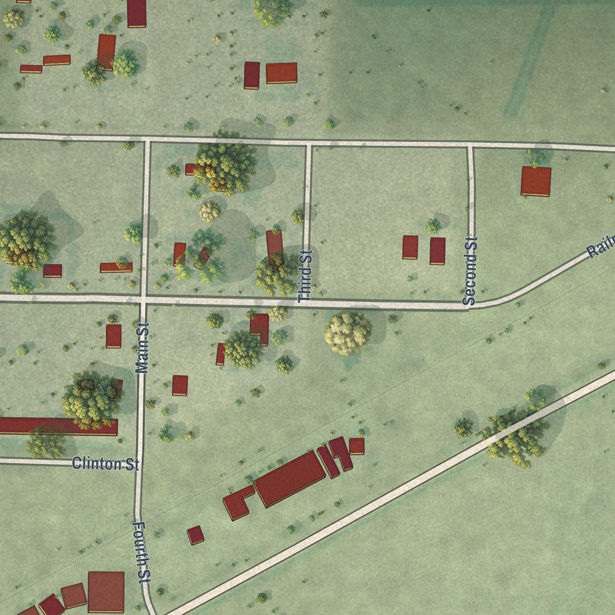 Close-up of the map of Clinton, Nebraska print showing street and building detail