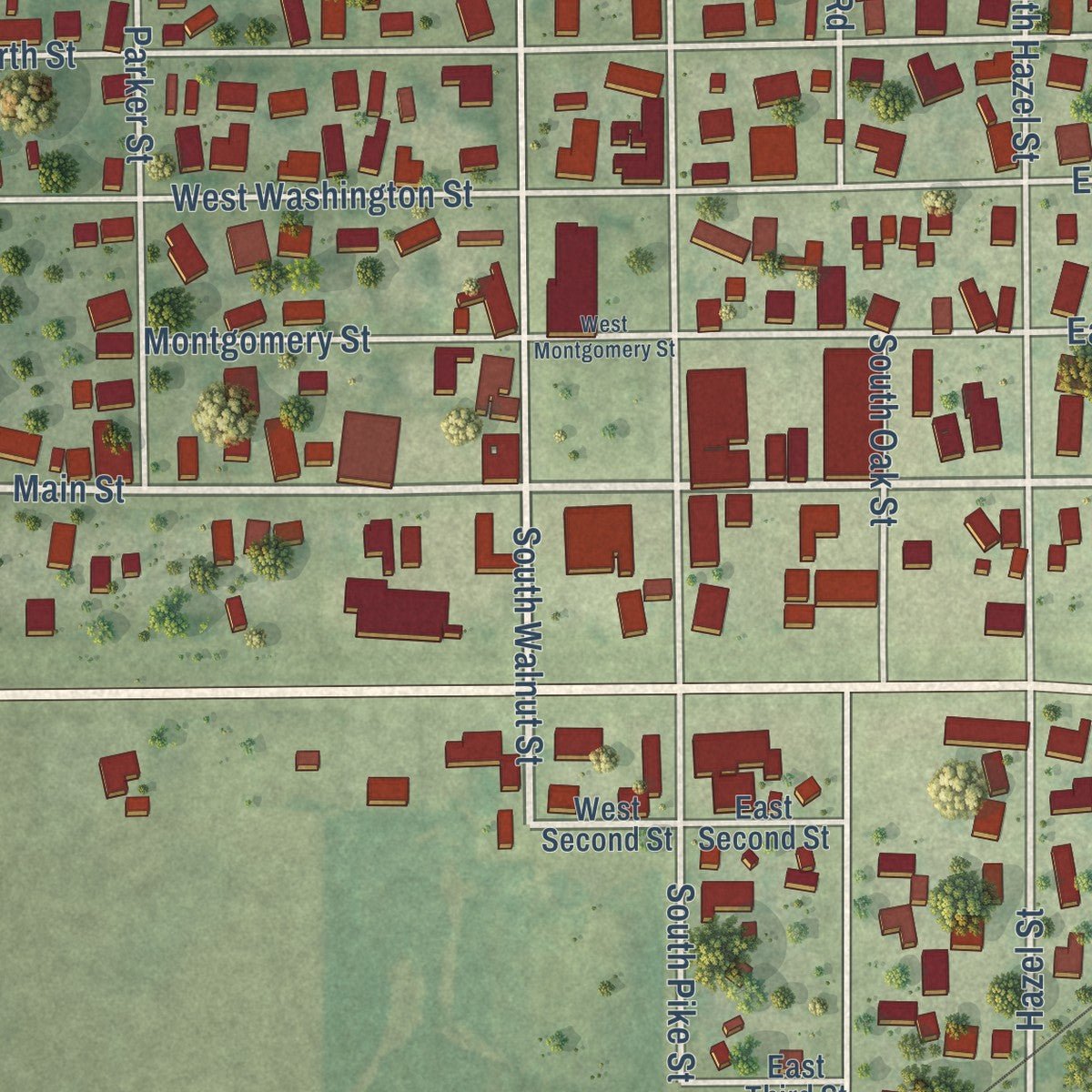 Close-up of the map of Oakland, Illinois print showing street and building detail