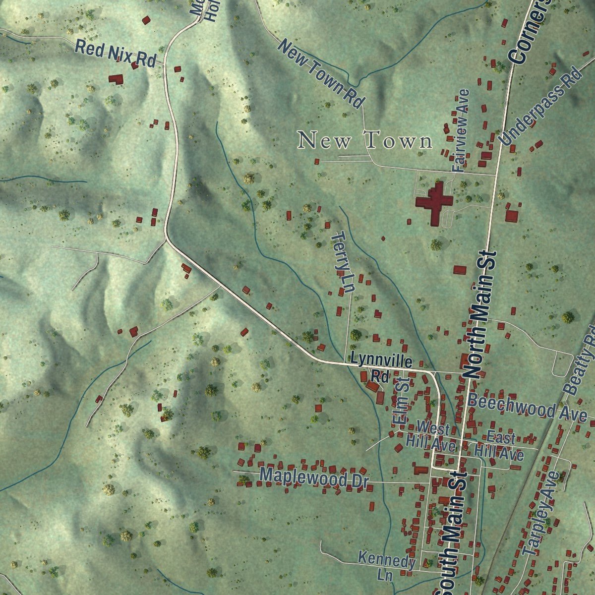 Close-up of the map of Cornersville, Tennessee print showing street and building detail