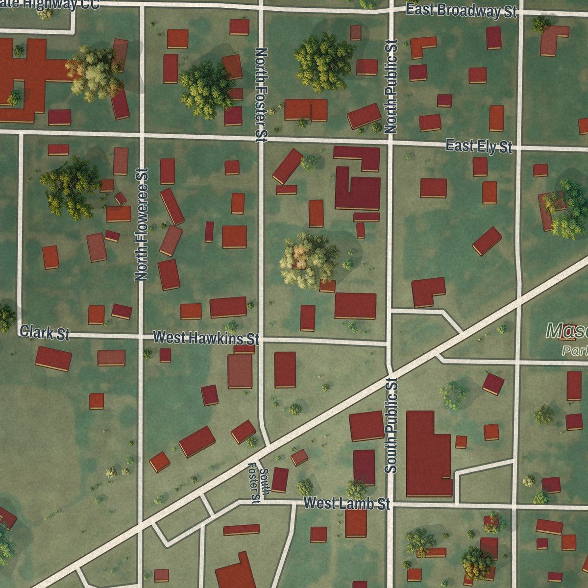 Close-up of the map of Center, Missouri print showing street and building detail