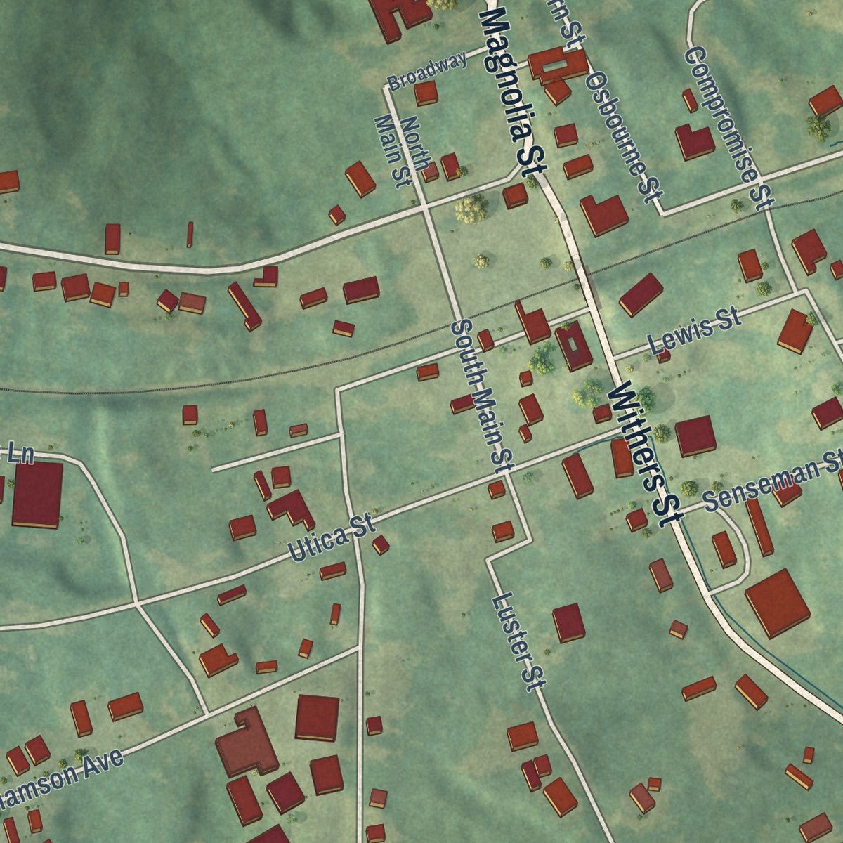 Close-up of the map of Edwards, Mississippi print showing street and building detail