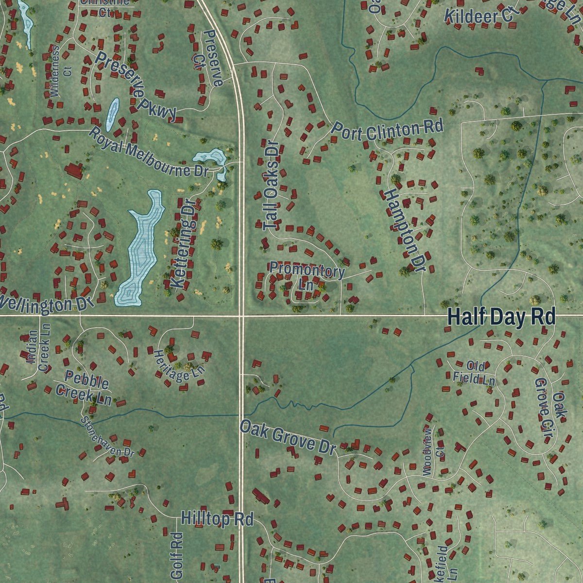 Close-up of the map of Long Grove, Illinois print showing street and building detail