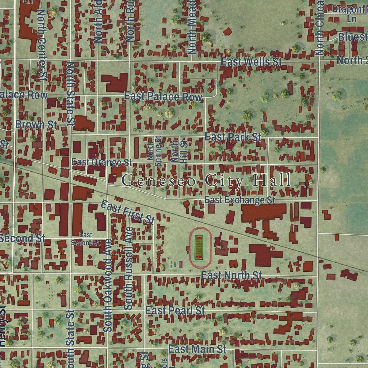 Close-up of the map of Geneseo, Illinois print showing street and building detail