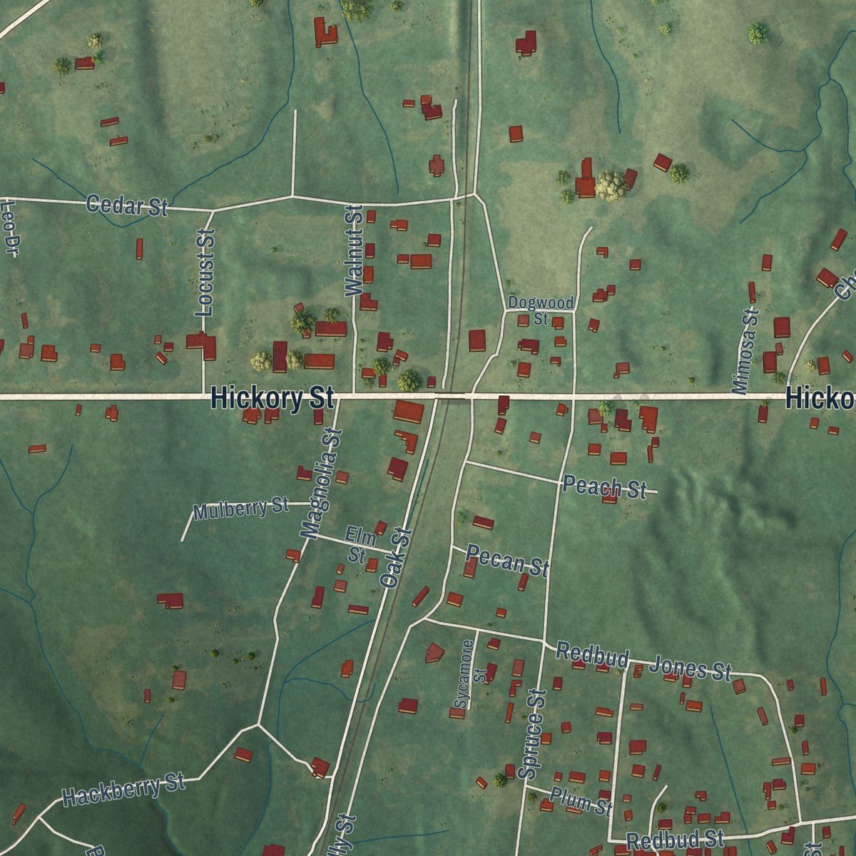 Close-up of the map of Oakland, Mississippi print showing street and building detail