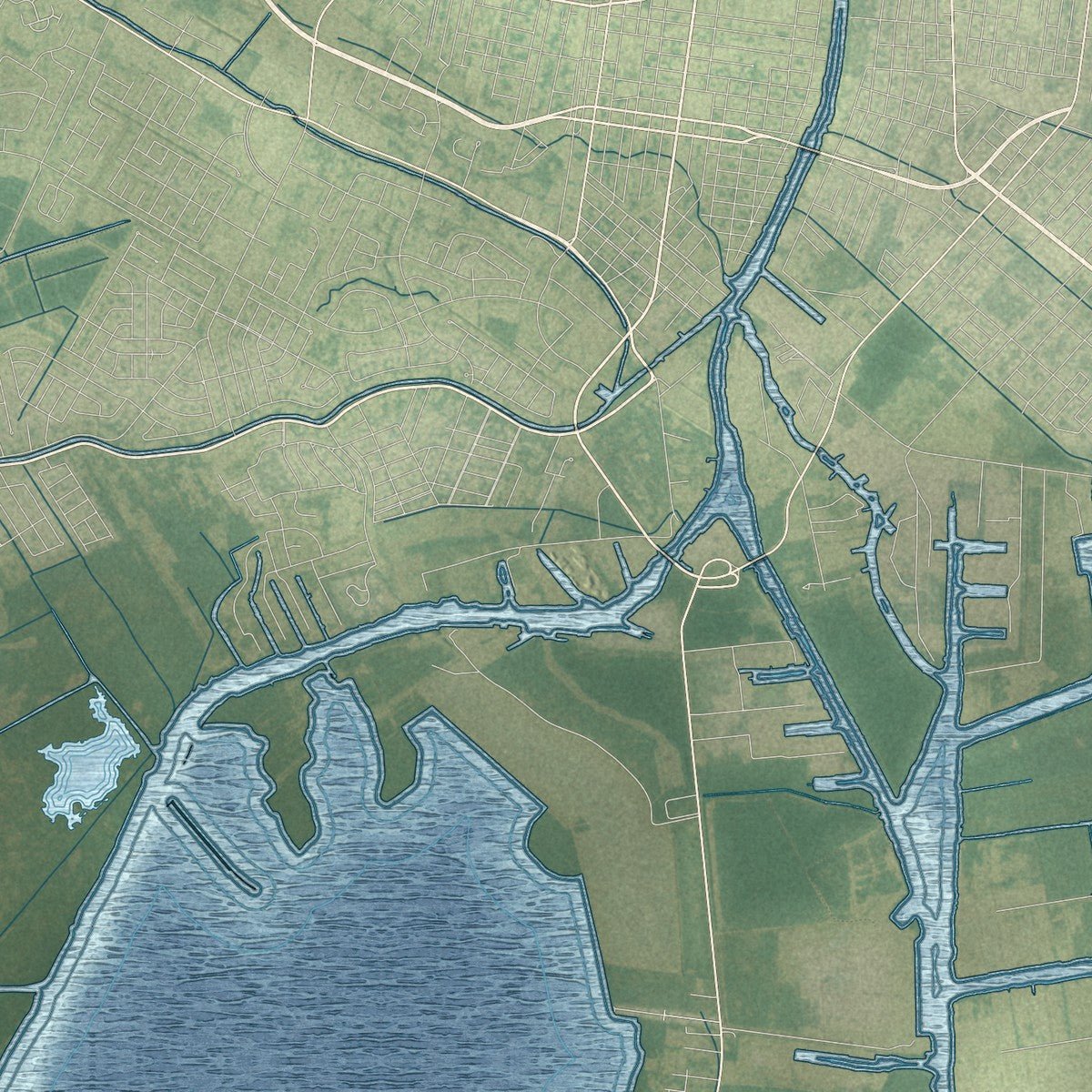 Close-up of the map of Bayou Blue, Louisiana print showing street and building detail