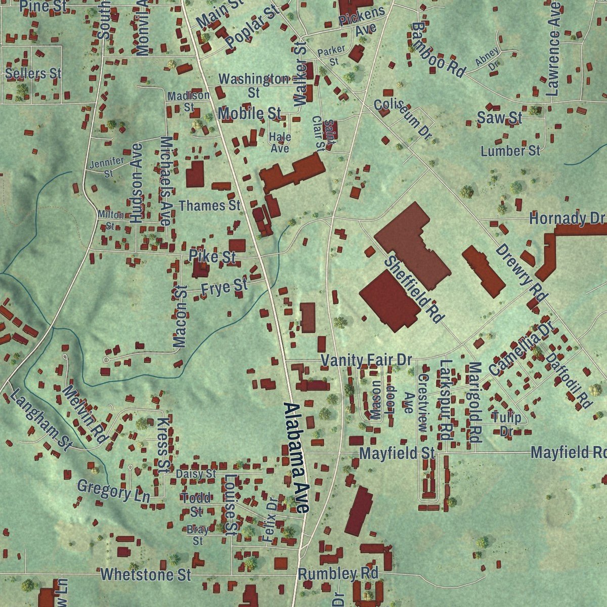 Close-up of the map of Monroeville, Alabama print showing street and building detail