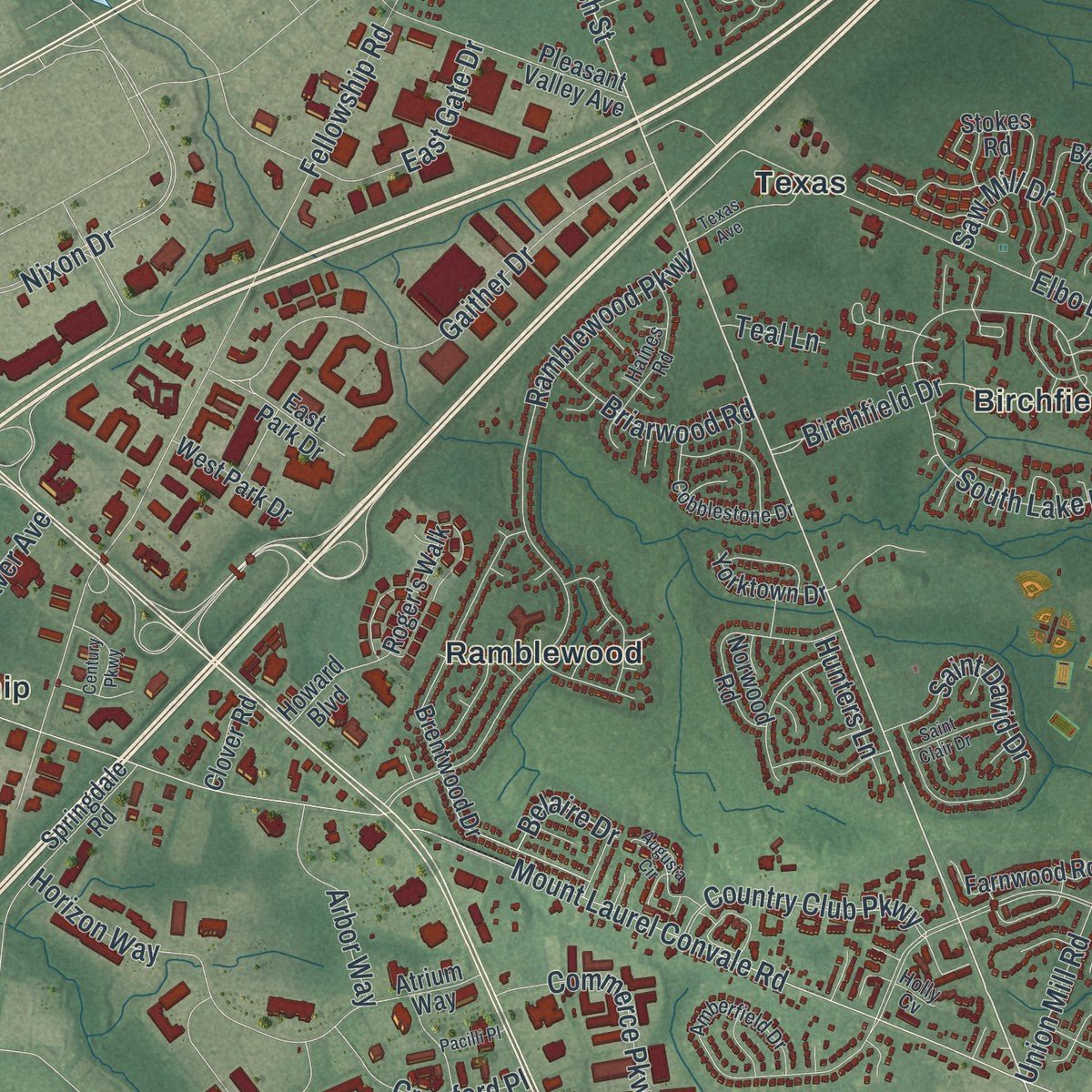 Close-up of the map of Mount Laurel, New Jersey print showing street and building detail