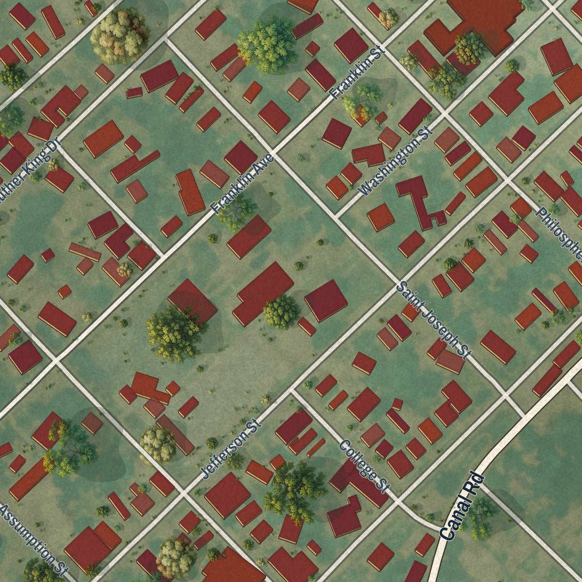 Close-up of the map of Napoleonville, Louisiana print showing street and building detail