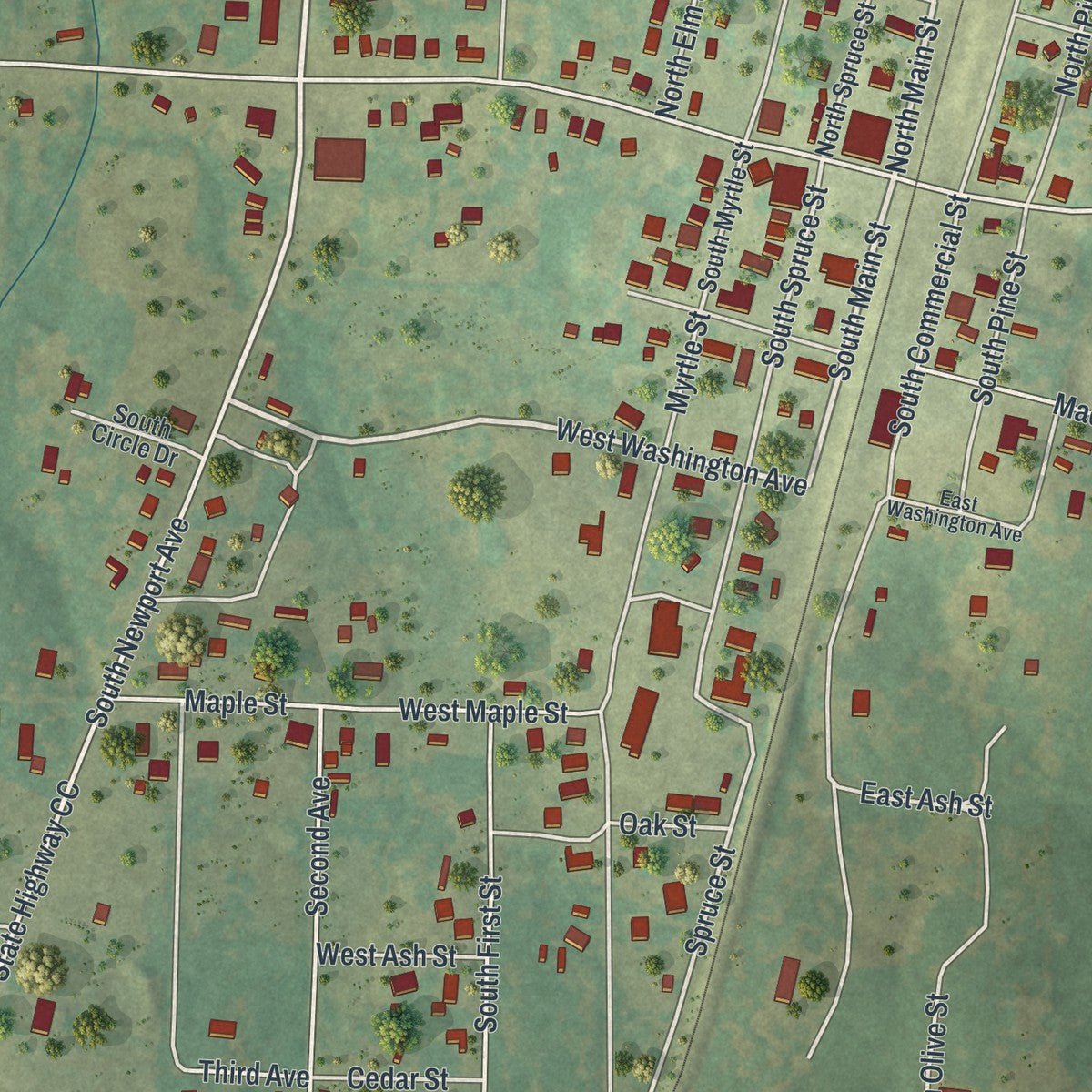 Close-up of the map of Conway, Missouri print showing street and building detail