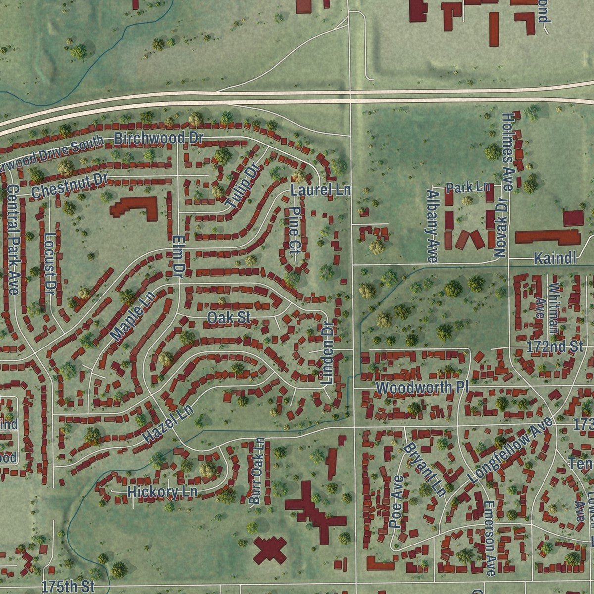 Close-up of the map of Hazel Crest, Illinois print showing street and building detail
