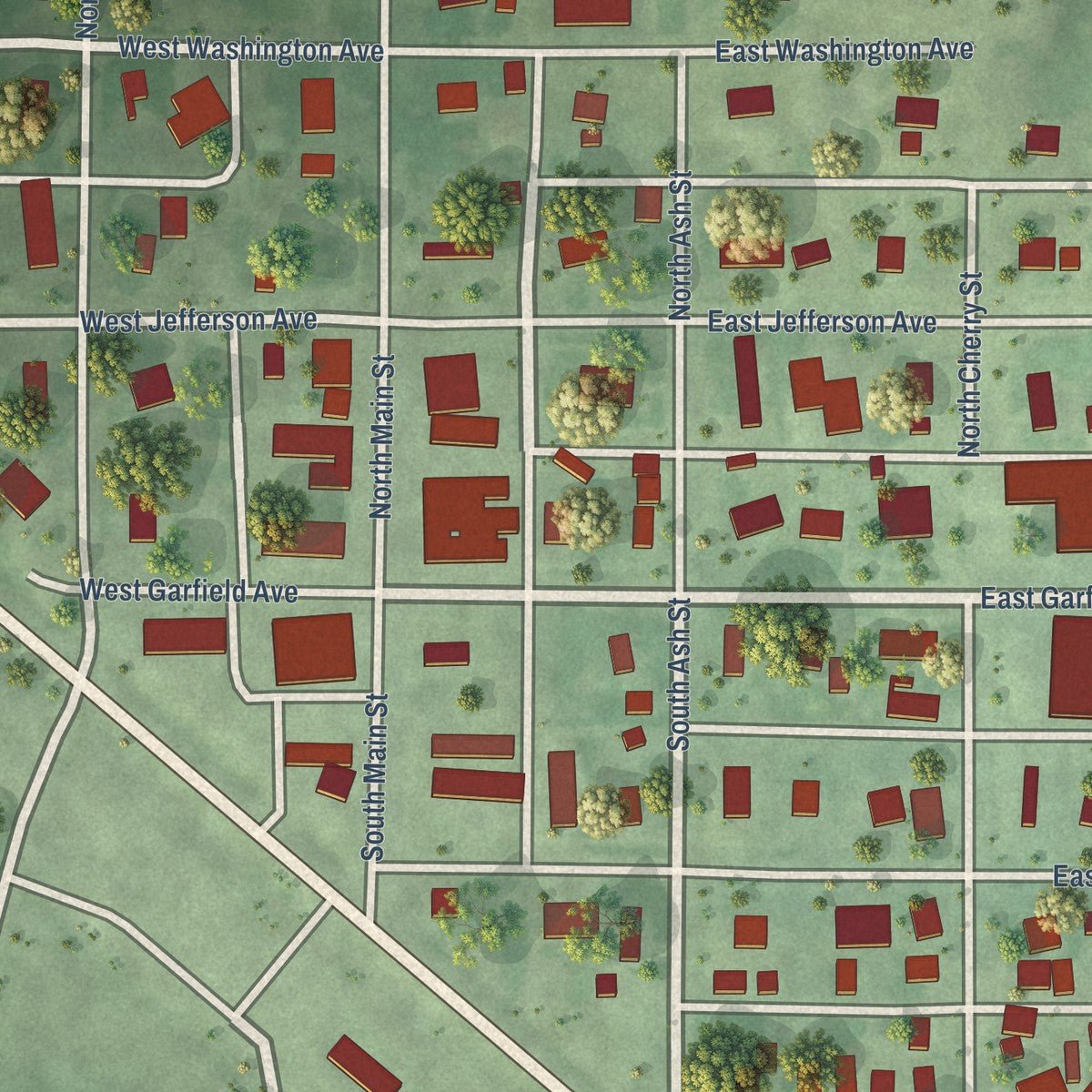 Close-up of the map of Amherst, Nebraska print showing street and building detail