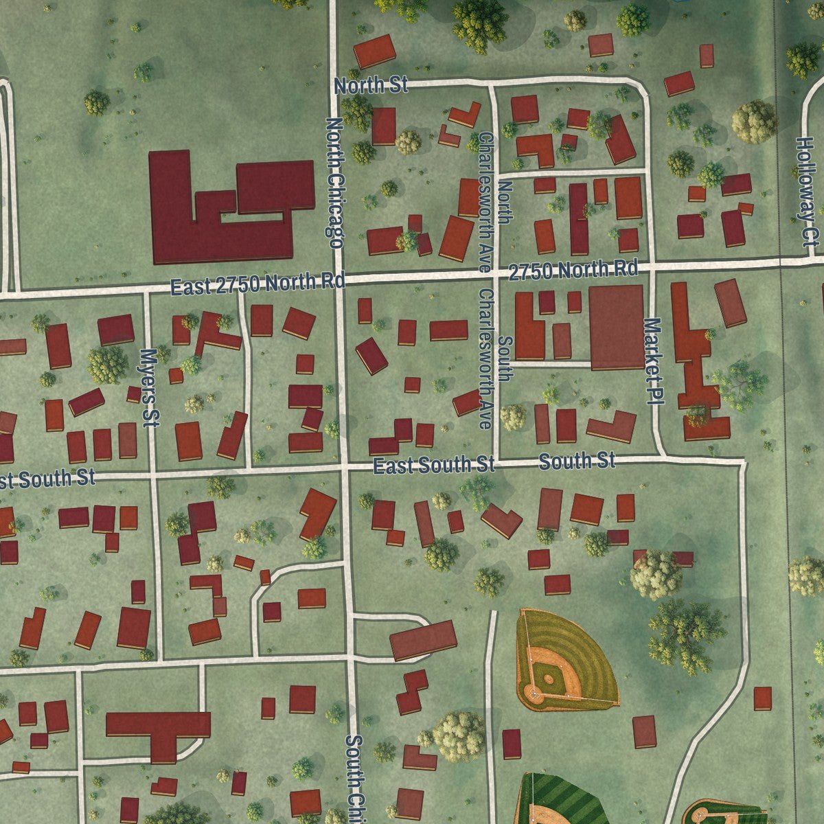 Close-up of the map of Bismarck, Illinois print showing street and building detail