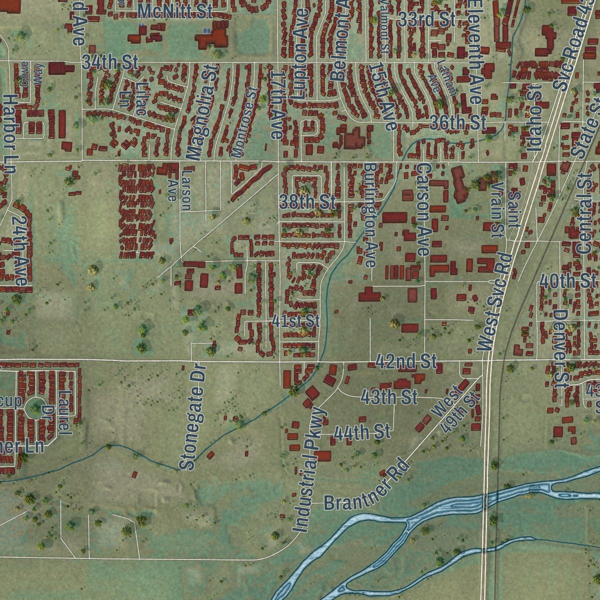 Close-up of the map of Evans, Colorado print showing street and building detail