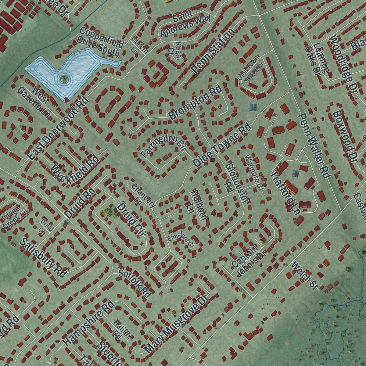 Close-up of the map of Wilmington Island, Georgia print showing street and building detail