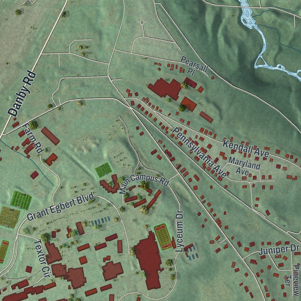 Close-up of the map of South Hill, New York print showing street and building detail