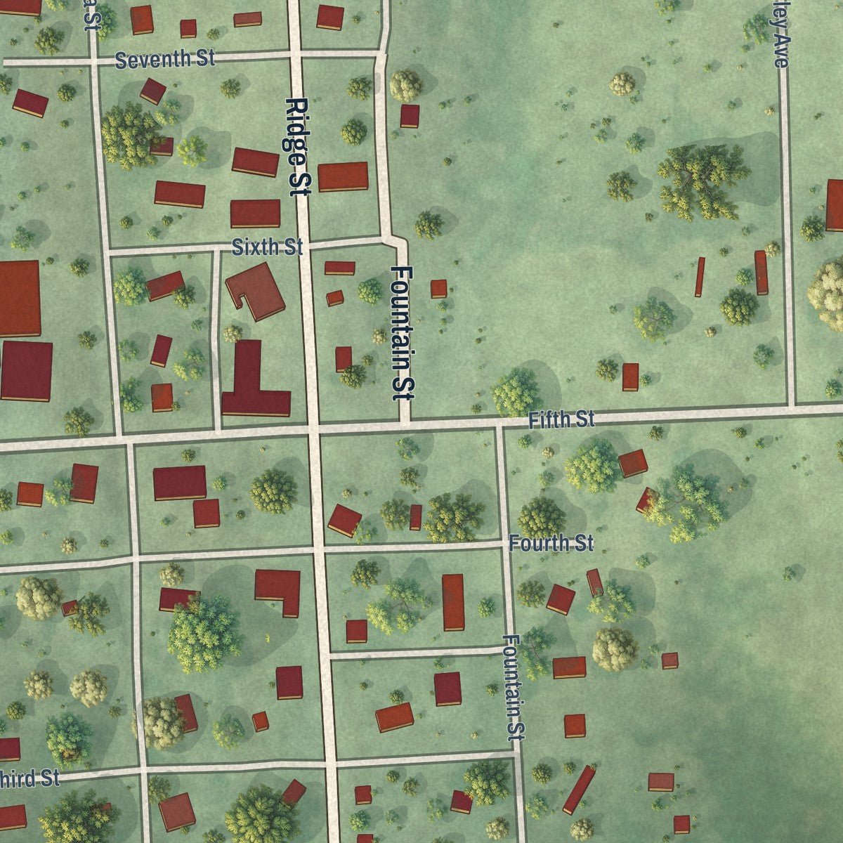 Close-up of the map of Dawson, Nebraska print showing street and building detail