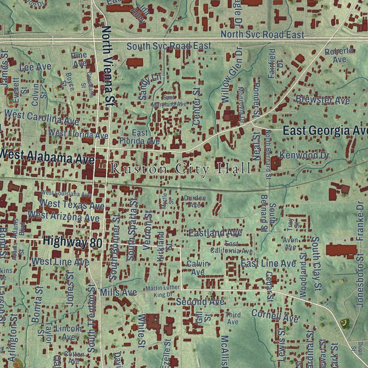 Close-up of the map of Ruston, Louisiana print showing street and building detail
