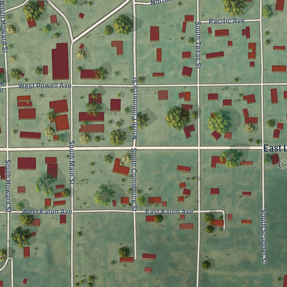 Close-up of the map of Graford, Texas print showing street and building detail