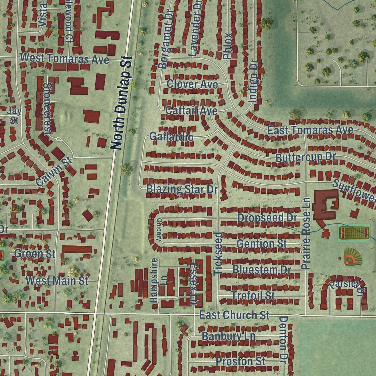 Close-up of the map of Savoy, Illinois print showing street and building detail