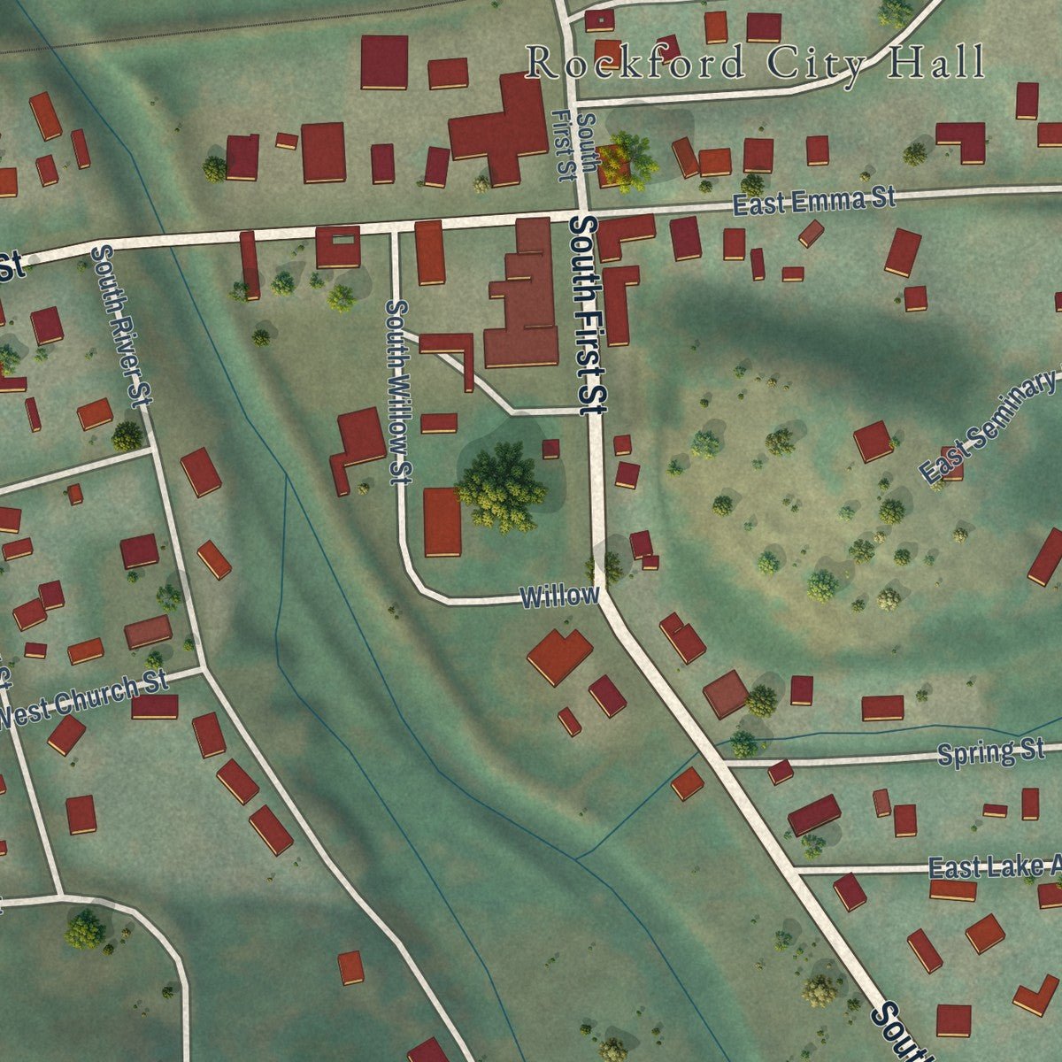 Close-up of the map of Rockford, Washington print showing street and building detail