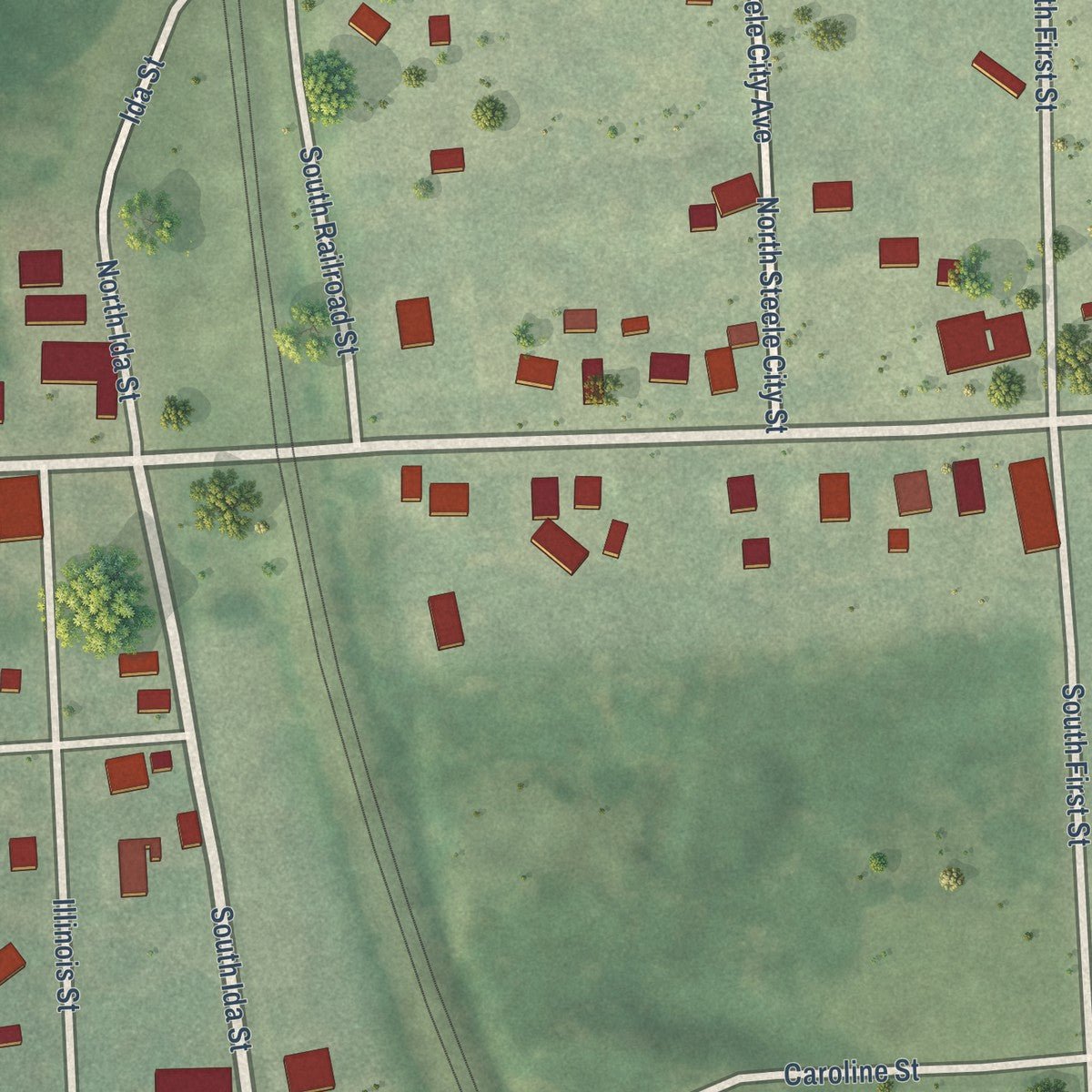 Close-up of the map of Steele City, Nebraska print showing street and building detail